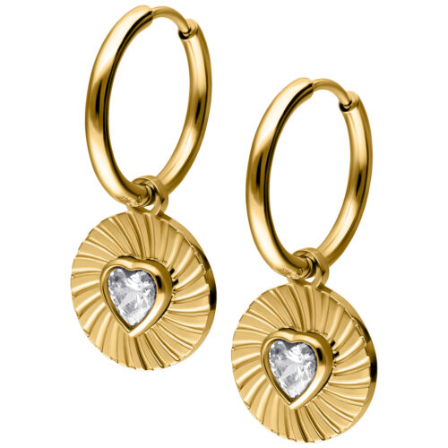 Little Crystal Riffled Heart Hoops Pair - Golden Metal