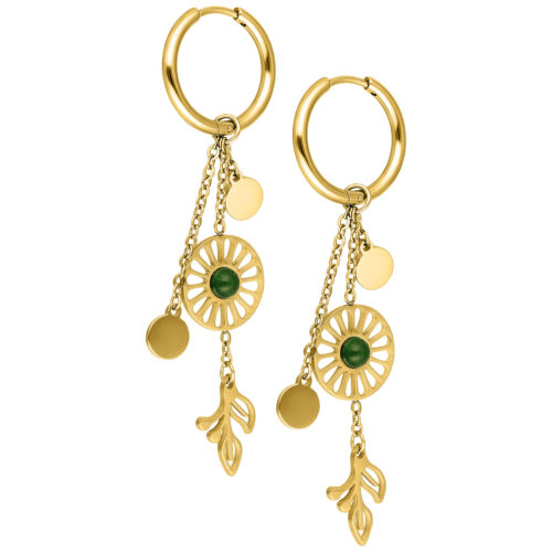 Moss Agate Hoops Pair - Golden Metal